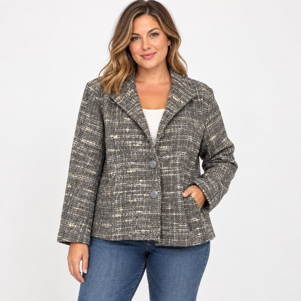 J. Jill Grey Tweed Wool Blend Button Front Blazer Jacket Large Petite